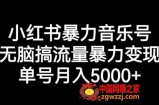 小红书暴力音乐号，无脑搞流量暴力变现，单号月入5000+