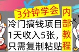 冷门项目，1天收入几张，只需要复制粘贴，3分钟学会，内部教程首次公开