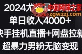 2024尤物暴力玩法，单日收入4000+，快手挂机直播+网盘拉新，超暴力男粉无脑变现【揭秘】
