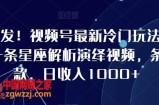 全网首发！视频号最新冷门玩法，10分钟一条星座解析演绎视频，条条爆款，日收入1000+【揭秘】