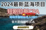 2024最新蓝海项日，短剧拉新CPA，动动手指轻松月入1W，全各大剧场随你挑选【揭秘】