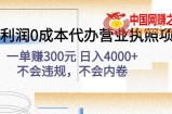 高利润0成本代办营业执照项目：一单赚300元 日入4000+不会违规，不会内卷