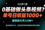 0基础做头条视频？5分钟1条，单号日收益1000+，矩阵放大月入5W+