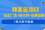 多种赚美金玩法的赚钱项目：点击广告+做任务+问券调查，1美元即可提现